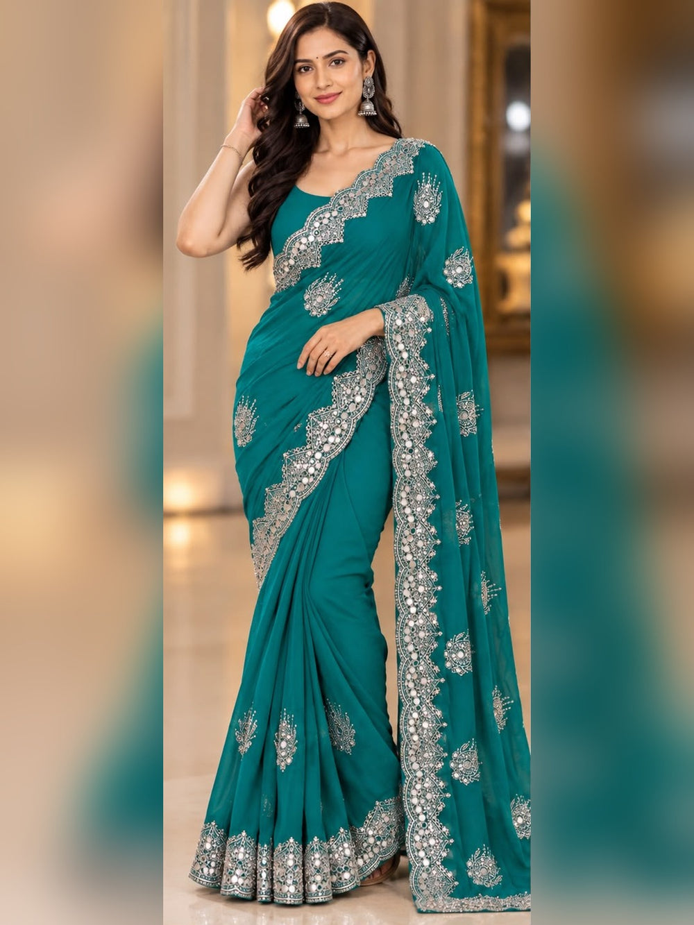 Women Blooming Saree with Mirror Work Scalloped Border & Embroidered Butis - Teal