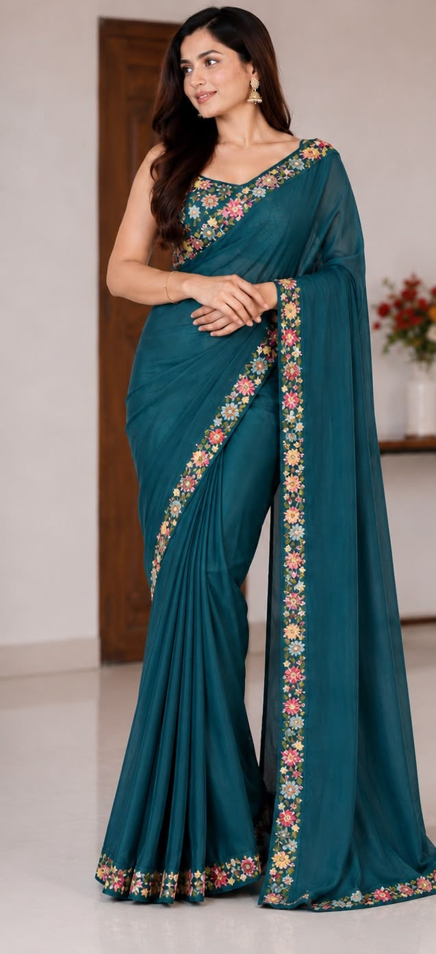 Women Georgette Saree with Floral Embroidered Border and Running Blouse - Teal