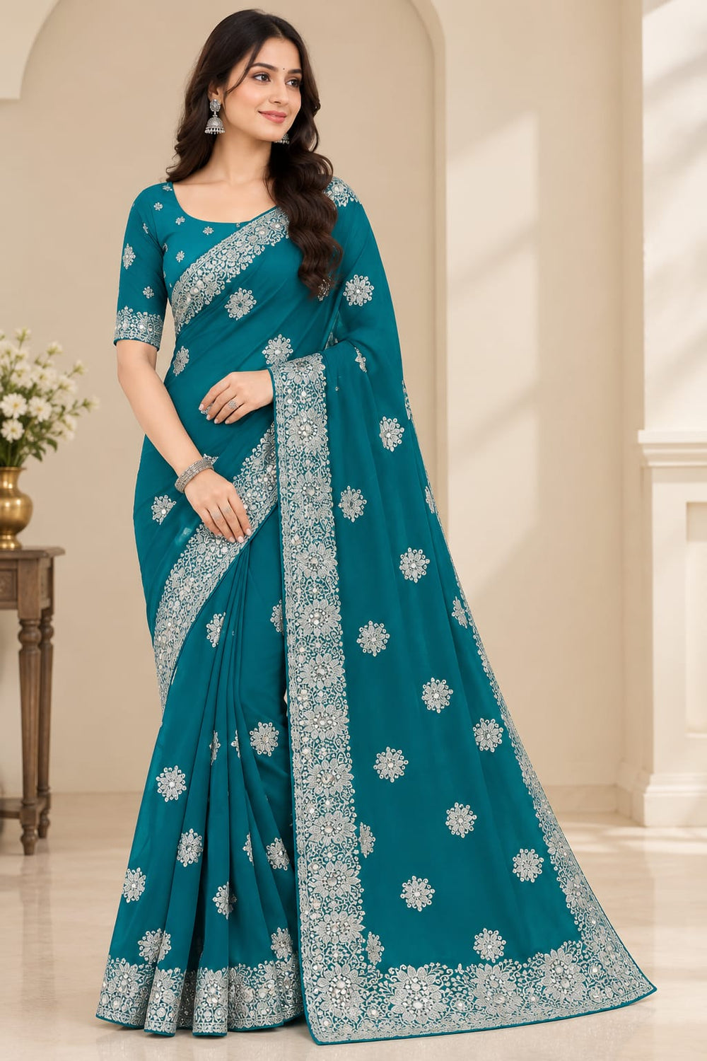 Women Blooming Saree with Silver Thread Buti Embroidery & White Stone Work Border - Teal