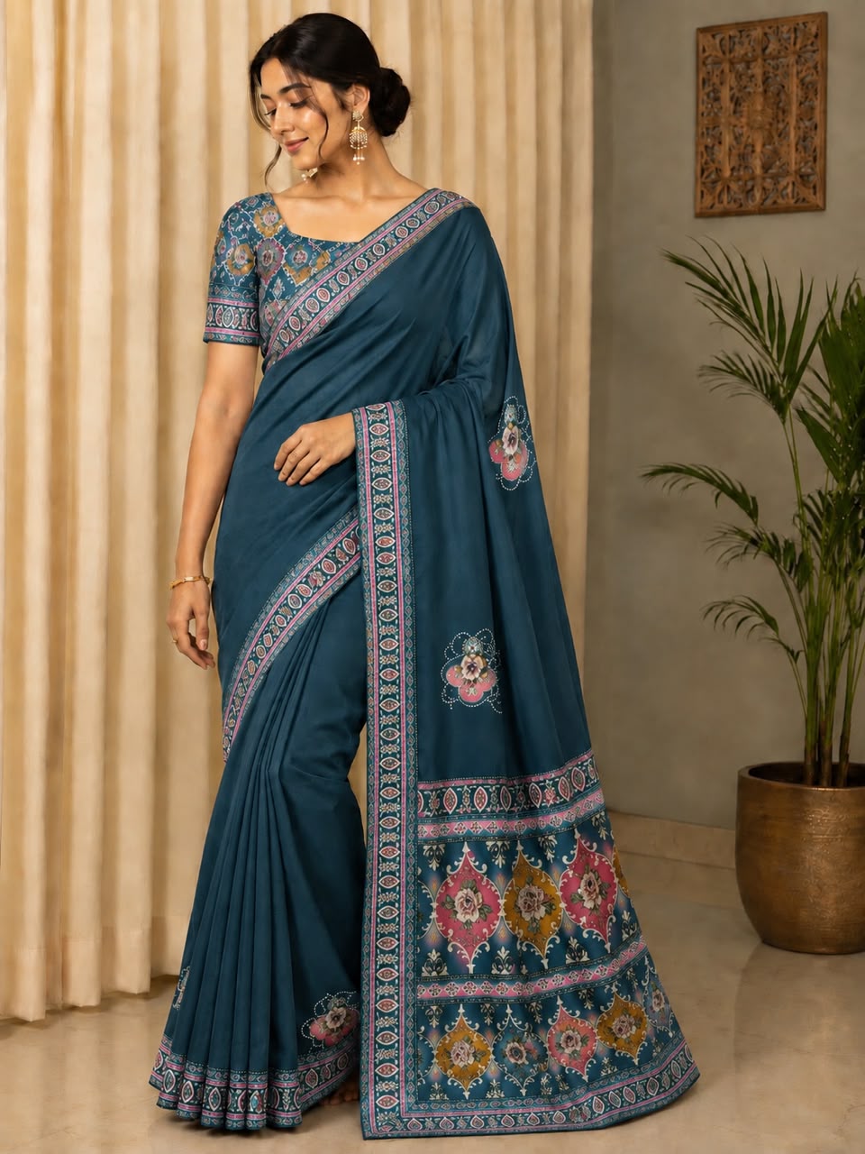Women Printed Pallu Dola Silk Saree with Embroidered Butis - Teal Blue