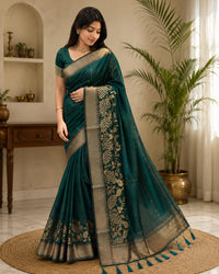 Women Traditional Peacock Zari Woven Cotton Tissue Saree with Tassels
