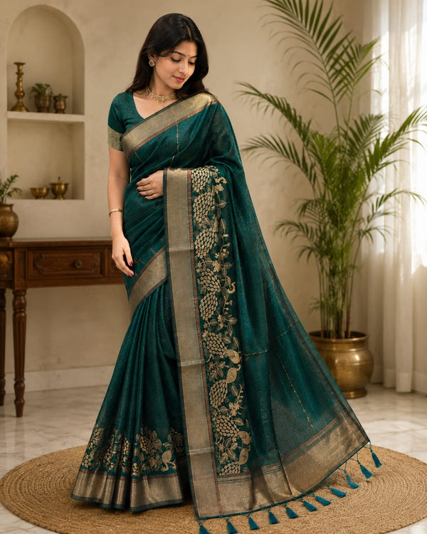 Women Traditional Peacock Zari Woven Cotton Tissue Saree with Tassels - Teal