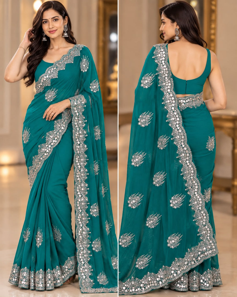 Women Blooming Saree with Mirror Work Scalloped Border & Embroidered Butis - Teal