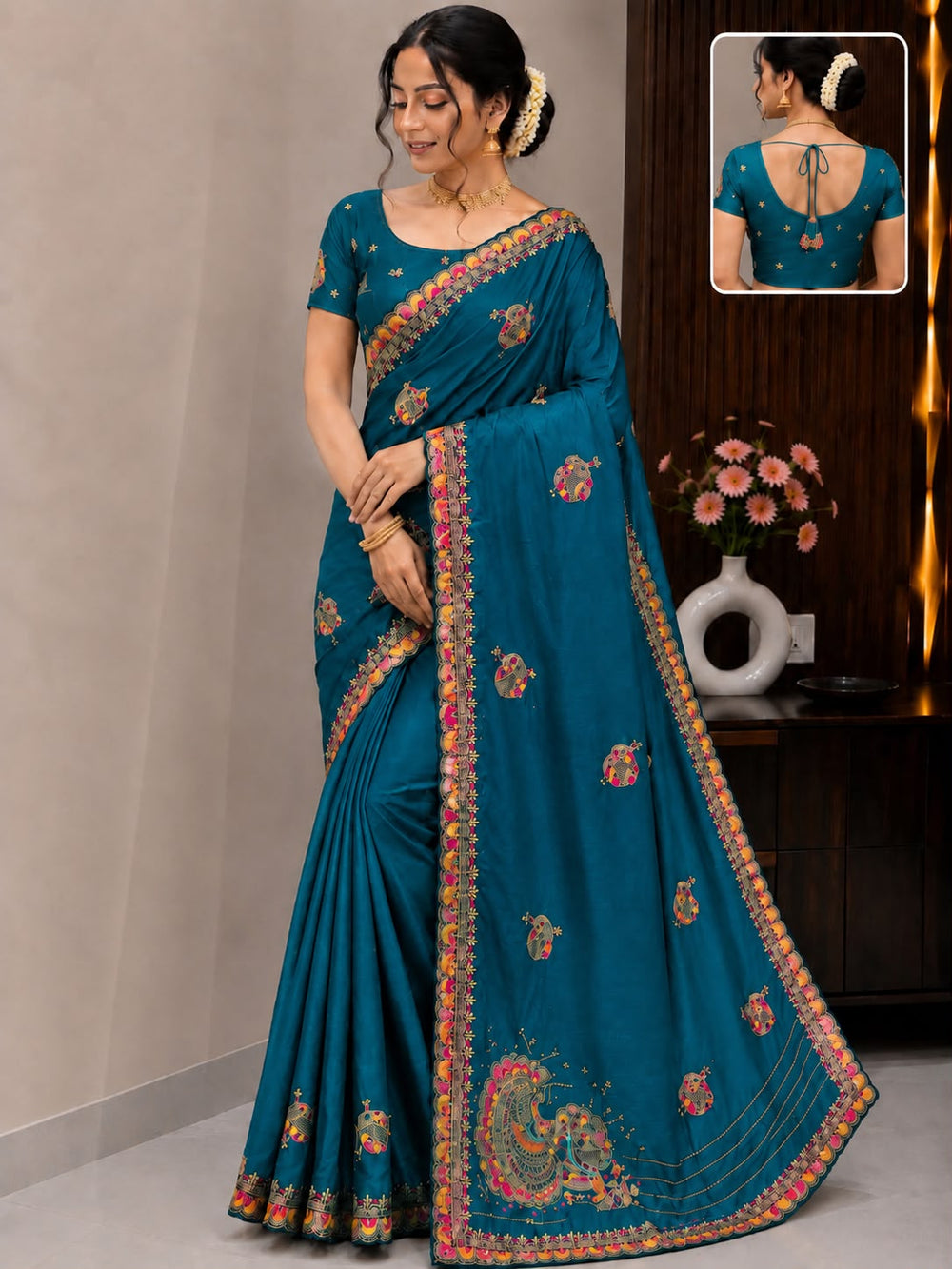 Women Traditional Embroidered Fancy Saree with Paisley Pallu & Designer Border - Teal
