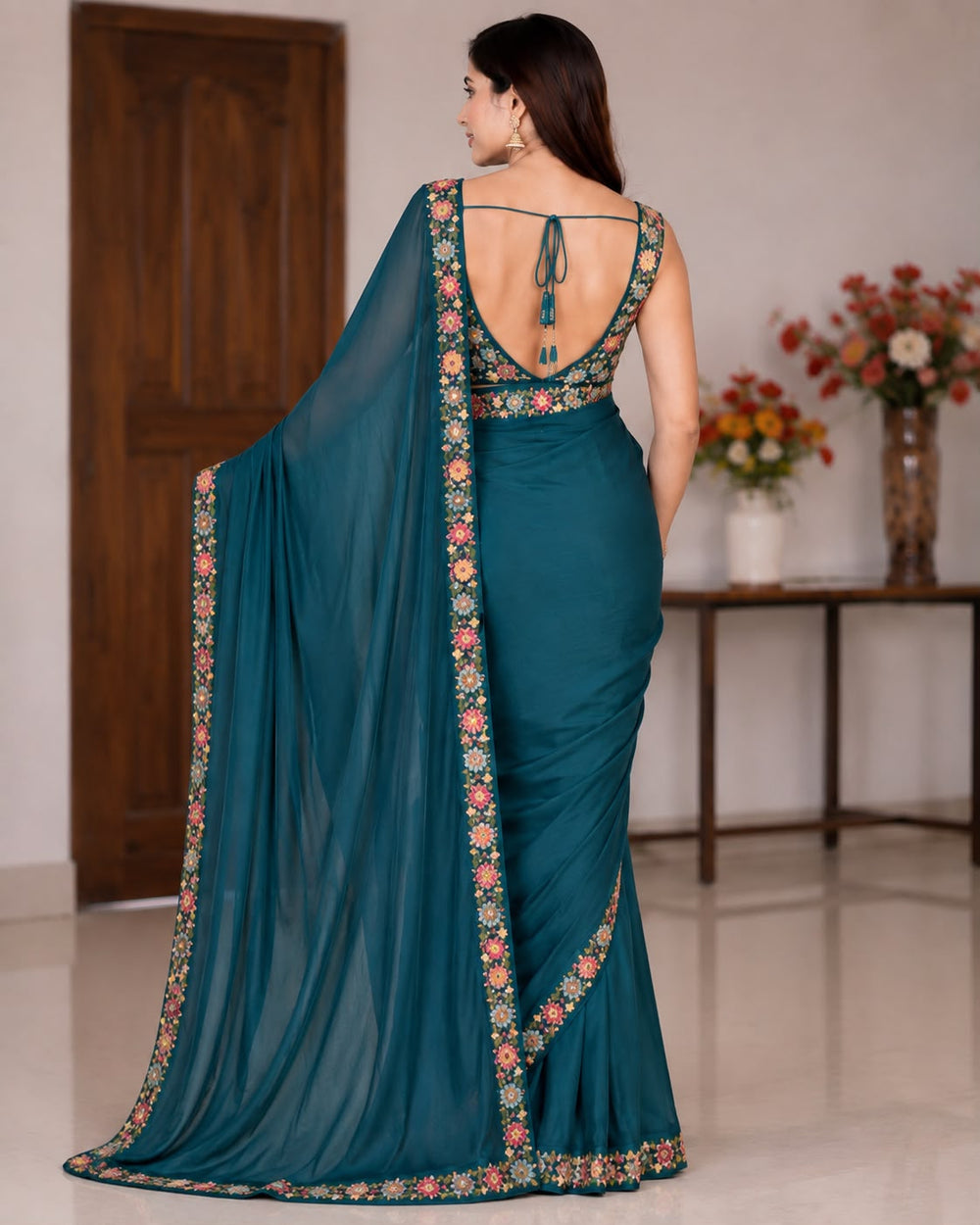 Women Georgette Saree with Floral Embroidered Border and Running Blouse - Teal
