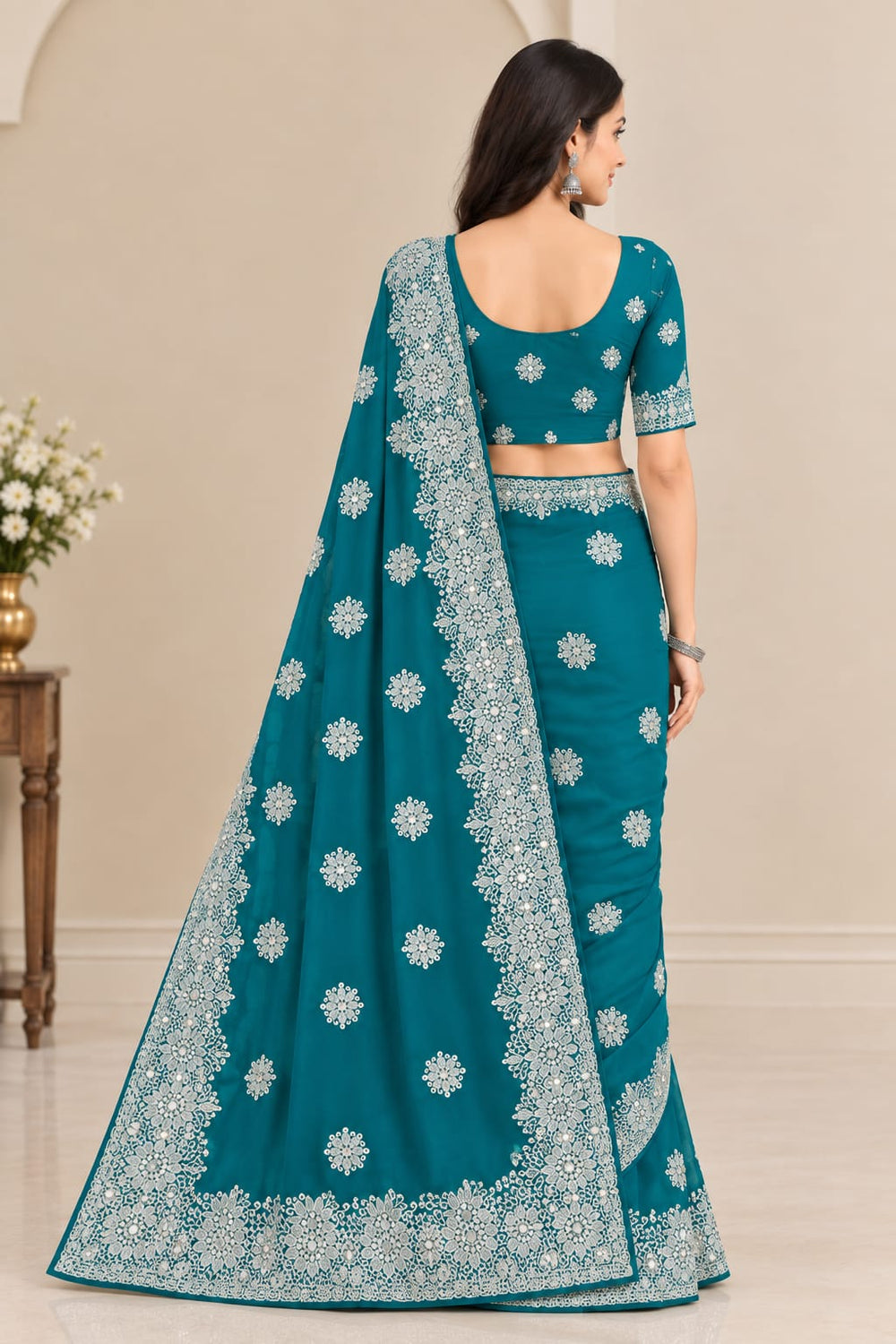 Women Blooming Saree with Silver Thread Buti Embroidery & White Stone Work Border - Teal