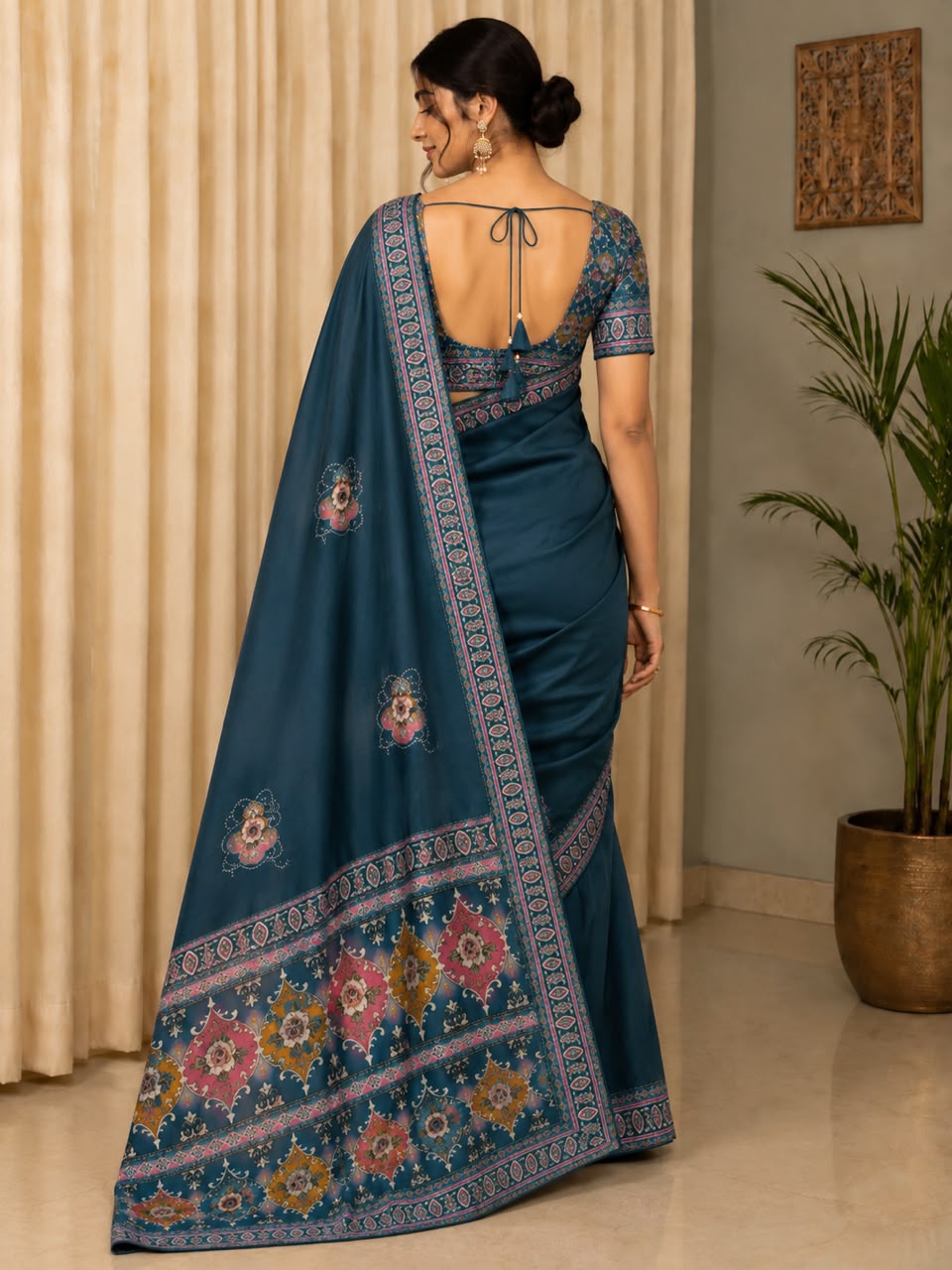 Women Printed Pallu Dola Silk Saree with Embroidered Butis - Teal Blue