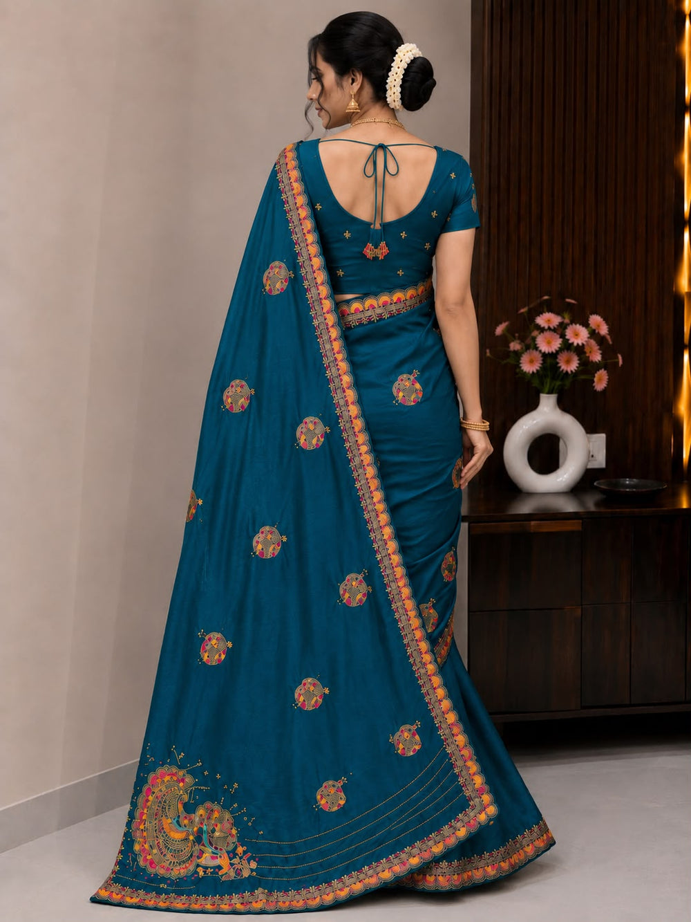 Women Traditional Embroidered Fancy Saree with Paisley Pallu & Designer Border - Teal