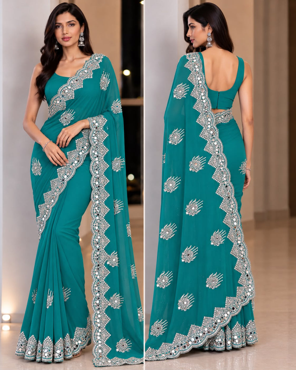 Women Blooming Saree with Mirror Work Scalloped Border & Embroidered Butis - Teal
