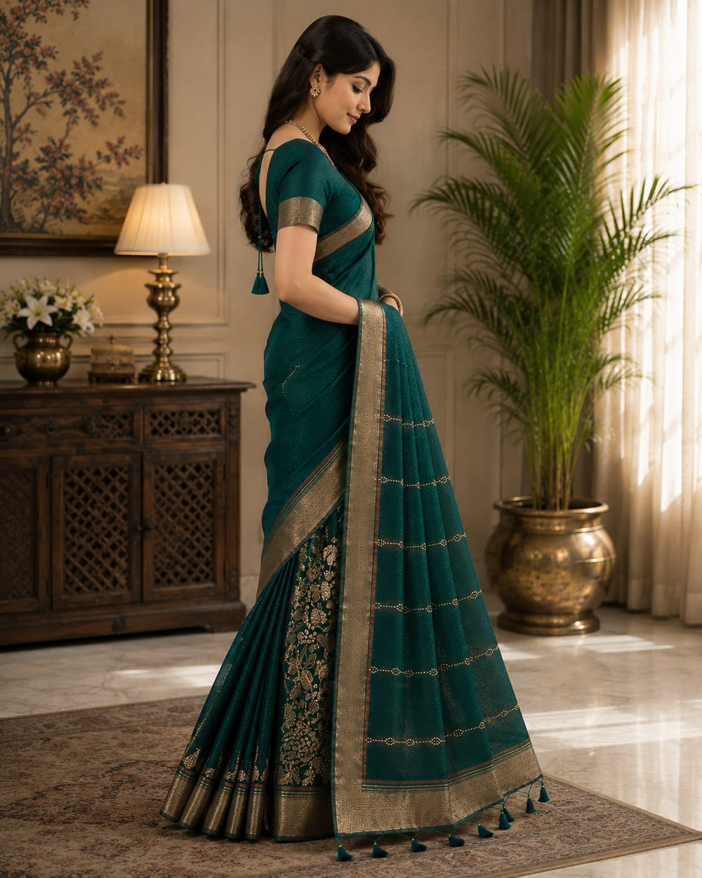Women Traditional Peacock Zari Woven Cotton Tissue Saree with Tassels - Teal