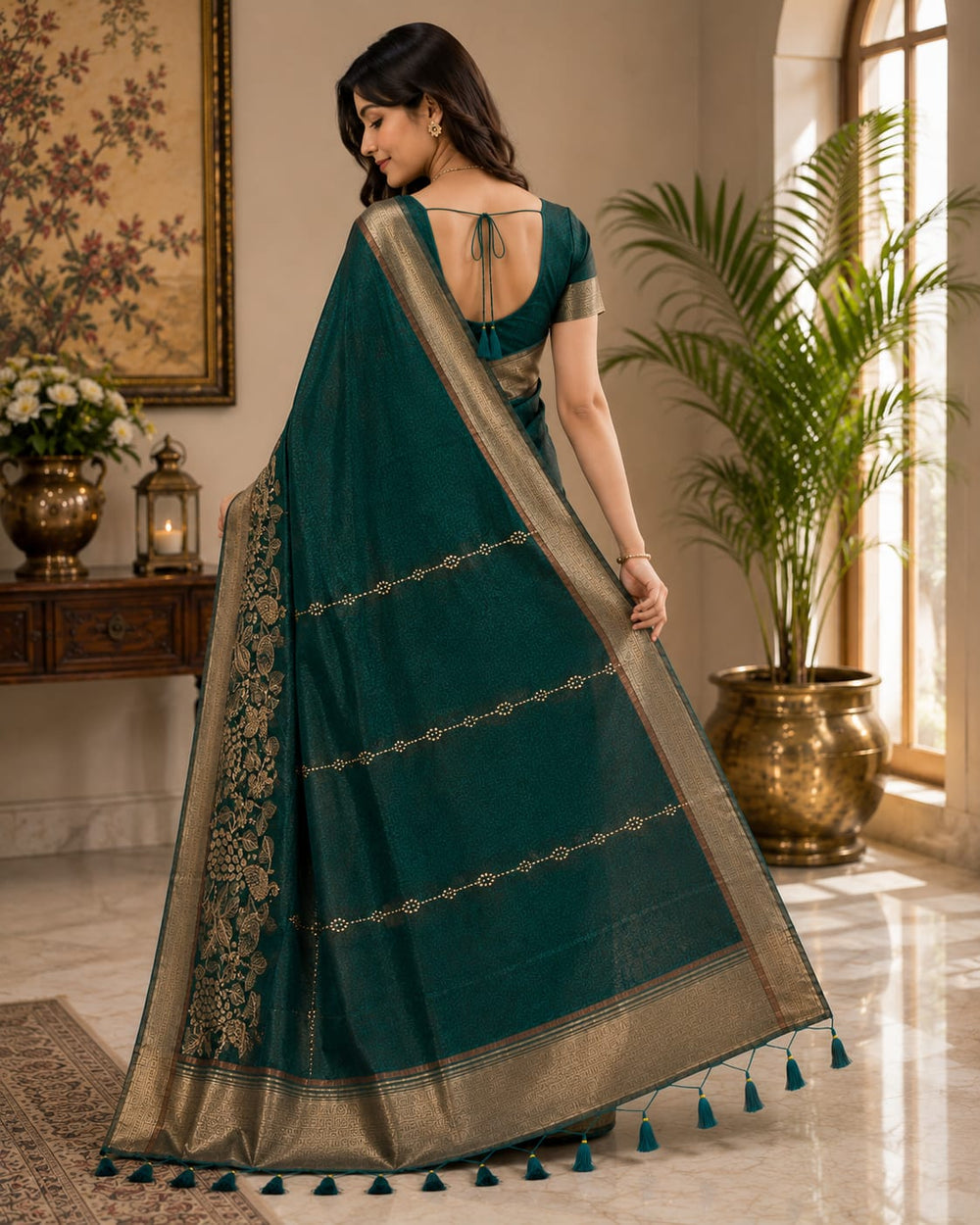 Women Traditional Peacock Zari Woven Cotton Tissue Saree with Tassels - Teal