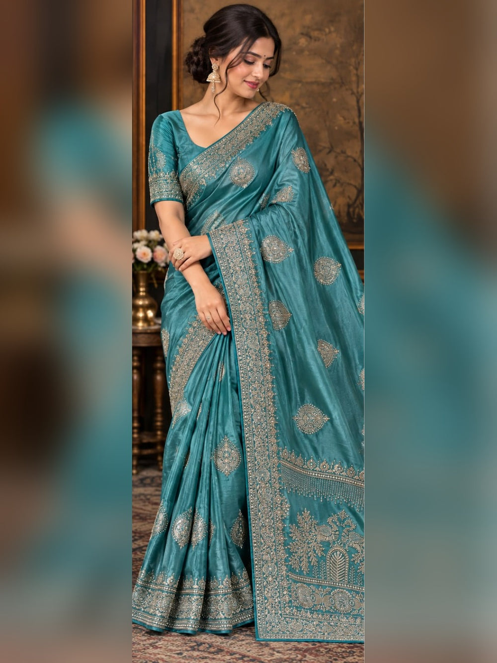 Women Japan Satin Saree with Stone Work Butis & Peacock Tree Pallu - Teal Blue