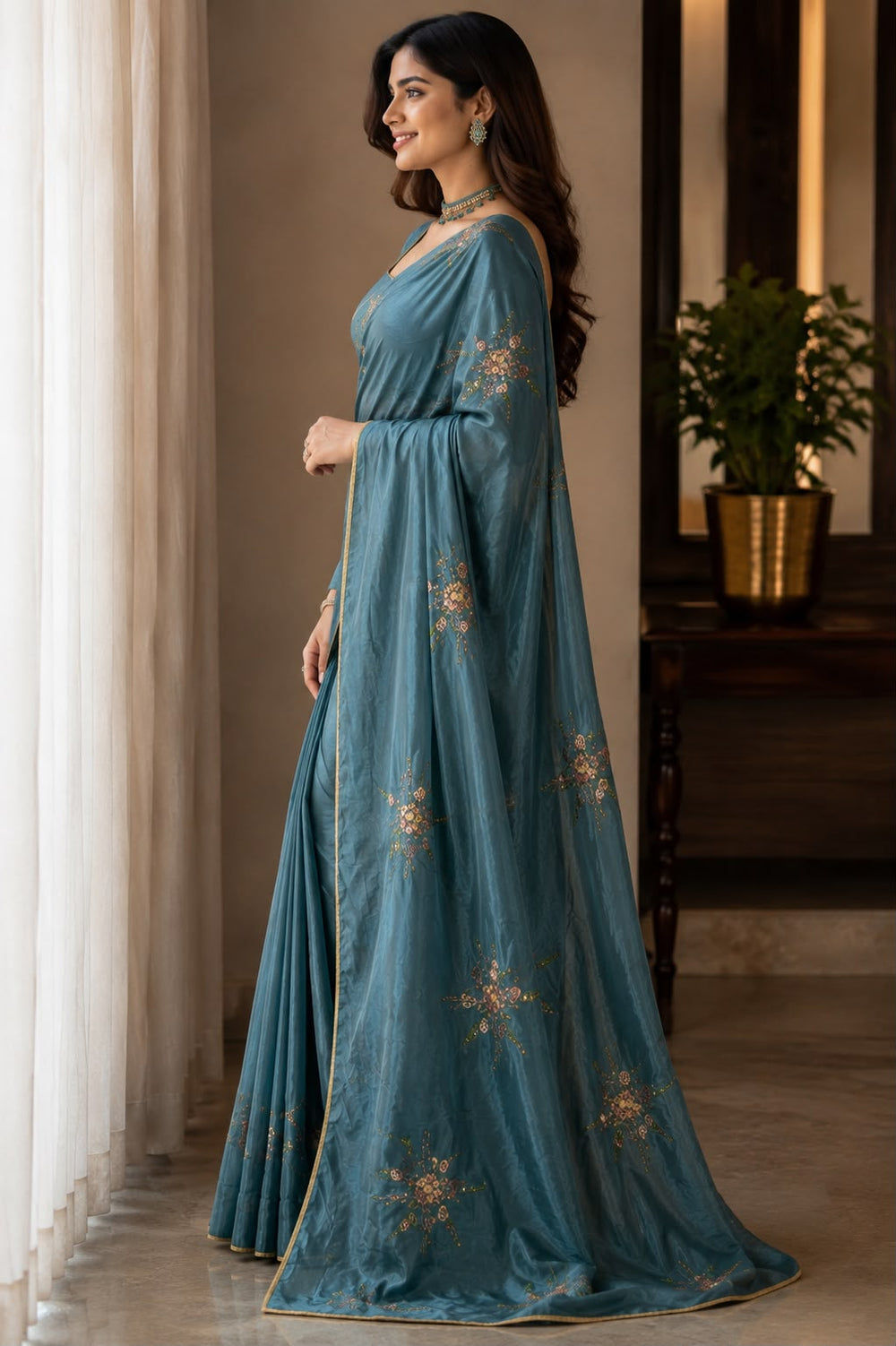 Women Shimmer Saree with Sequin Floral Motifs & Gold Piping Border - Teal Blue