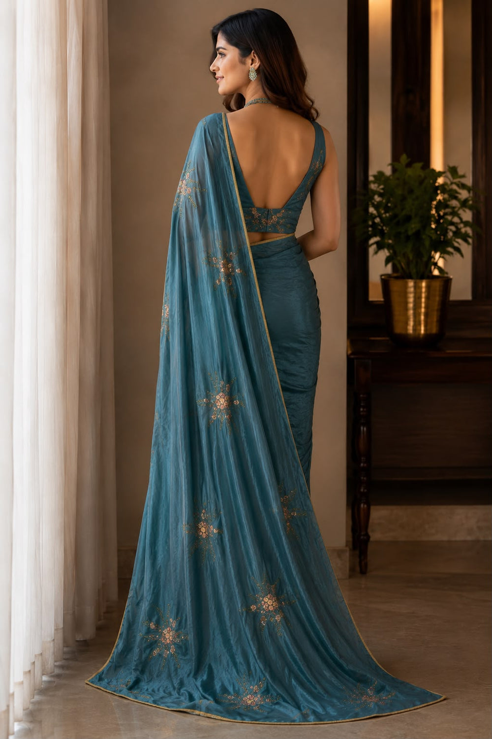 Women Shimmer Saree with Sequin Floral Motifs & Gold Piping Border - Teal Blue