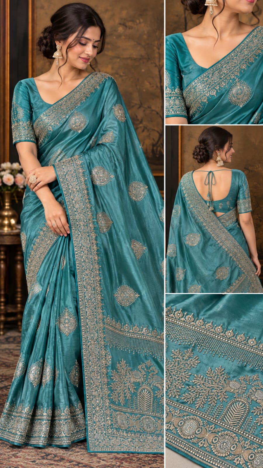 Women Japan Satin Saree with Stone Work Butis & Peacock Tree Pallu - Teal Blue