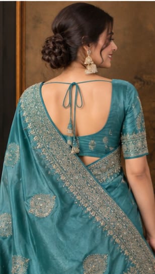 Women Japan Satin Saree with Stone Work Butis & Peacock Tree Pallu - Teal Blue