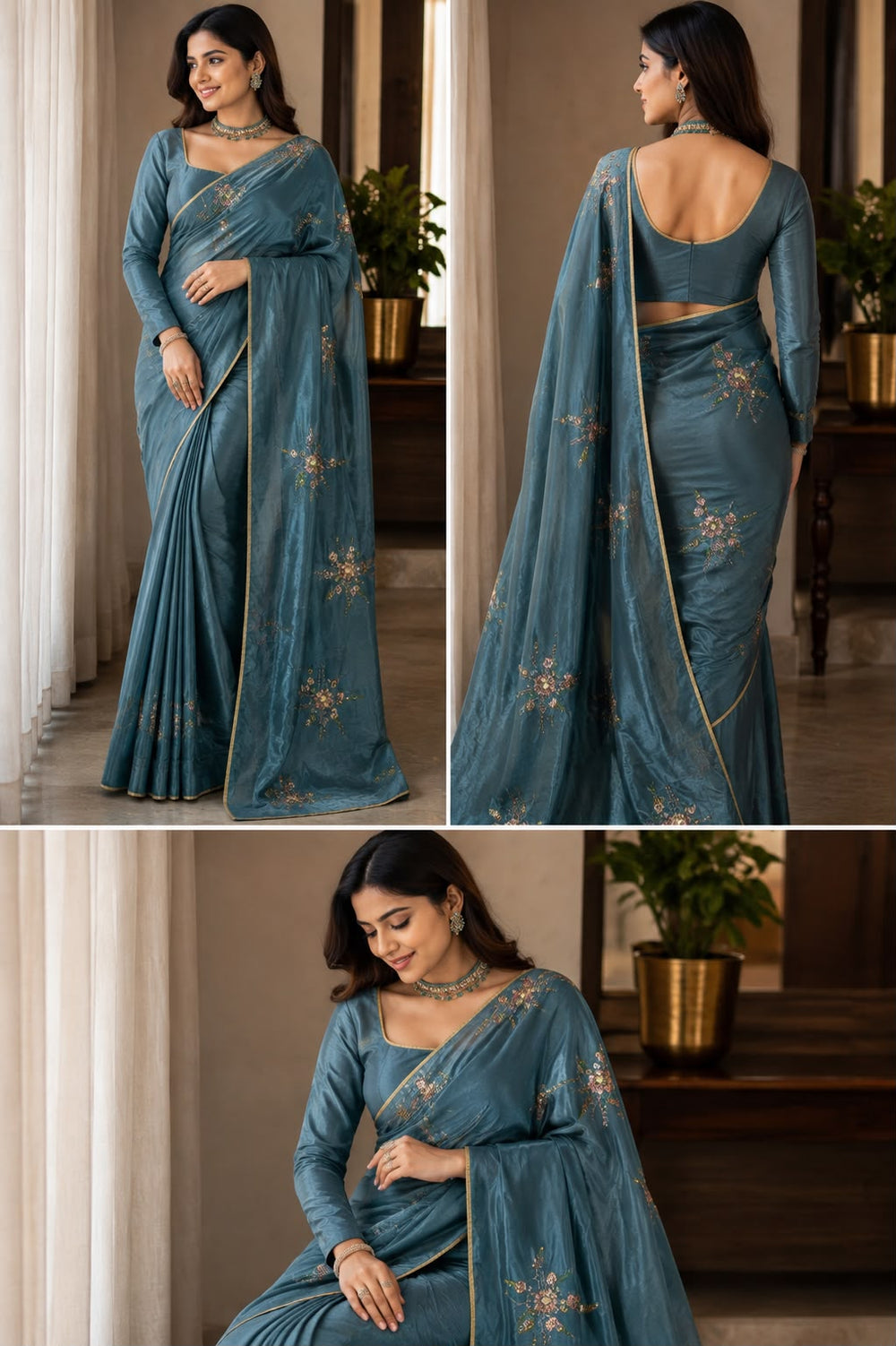 Women Shimmer Saree with Sequin Floral Motifs & Gold Piping Border - Teal Blue