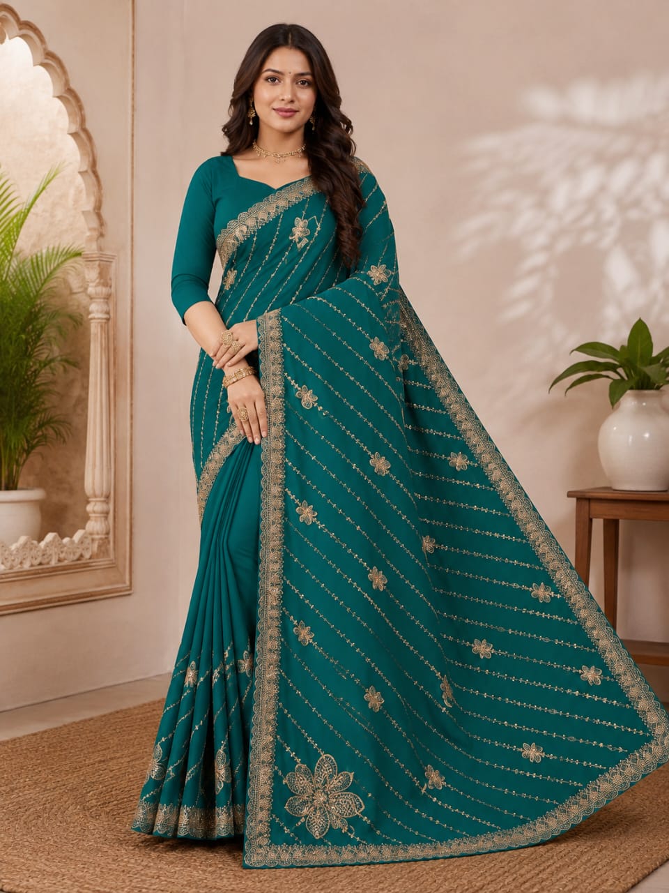Women Zari Embroidered Georgette Saree with Scalloped Border & Matching Blouse - Teal Green