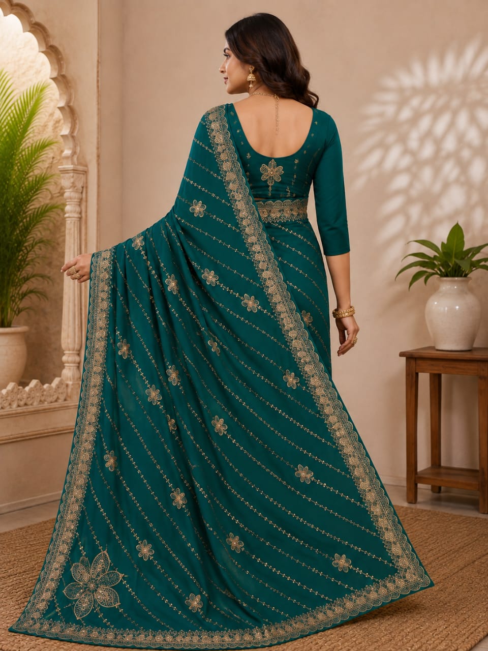 Women Zari Embroidered Georgette Saree with Scalloped Border & Matching Blouse - Teal Green