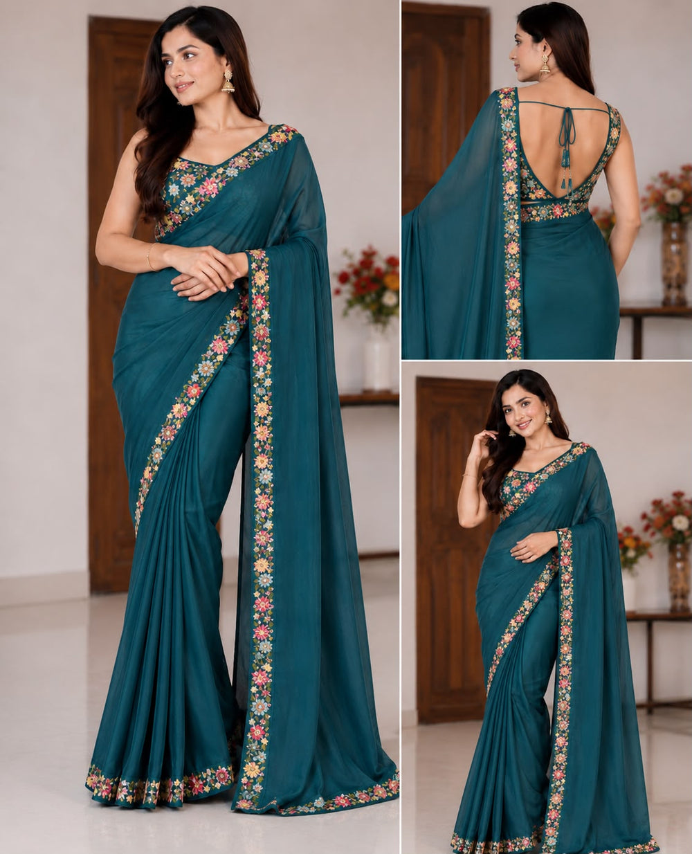 Women Georgette Saree with Floral Embroidered Border and Running Blouse - Teal