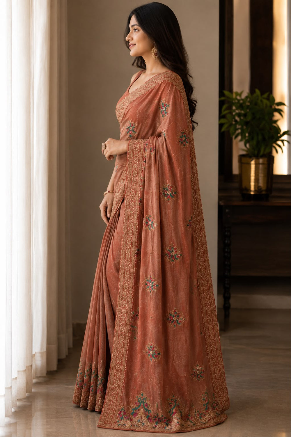 Aarya Luxe Premium Fancy Fabric Saree - Terracotta Peach