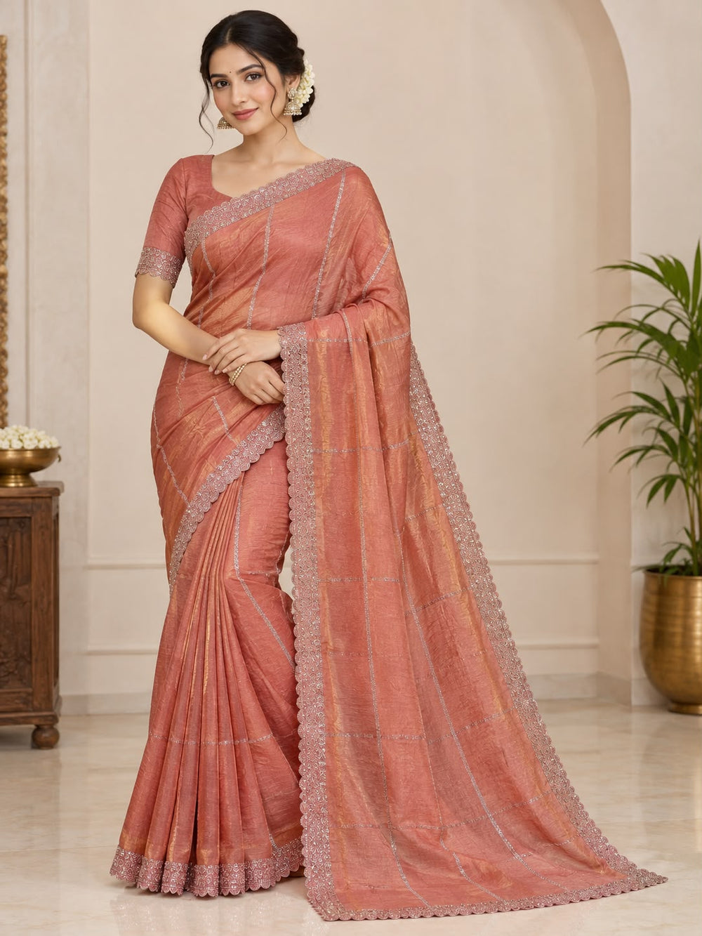 Women Fendy Tissue Saree with Stone Stripe Work & Scalloped Cutwork Border - Terracotta Peach