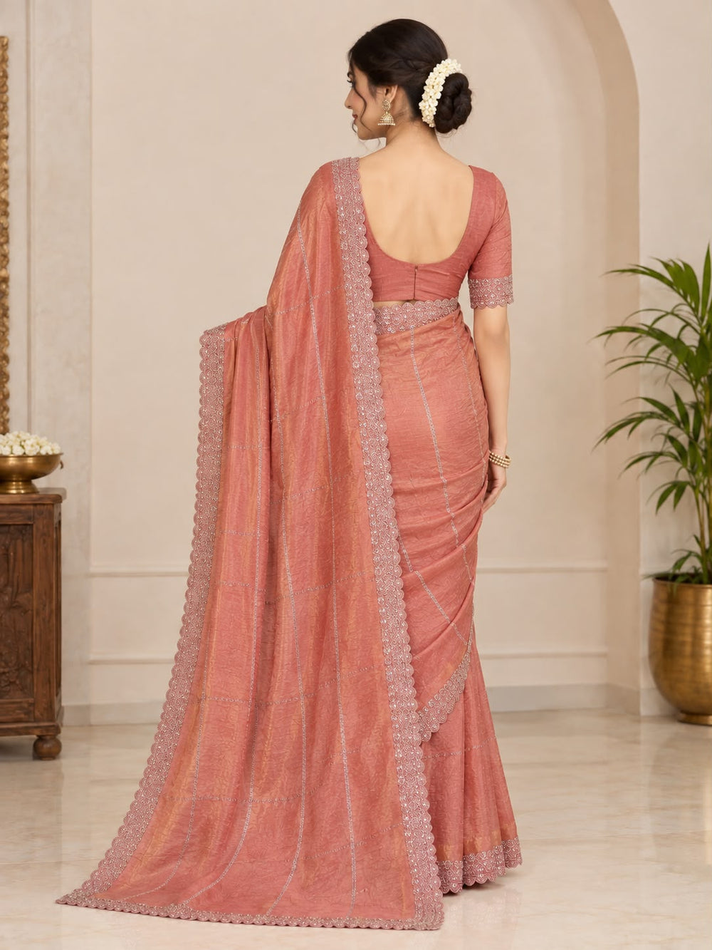 Women Fendy Tissue Saree with Stone Stripe Work & Scalloped Cutwork Border - Terracotta Peach