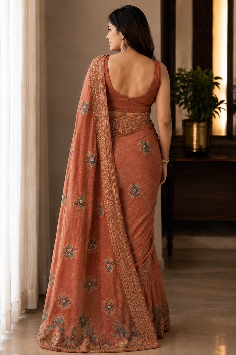 Aarya Luxe Premium Fancy Fabric Saree - Terracotta Peach