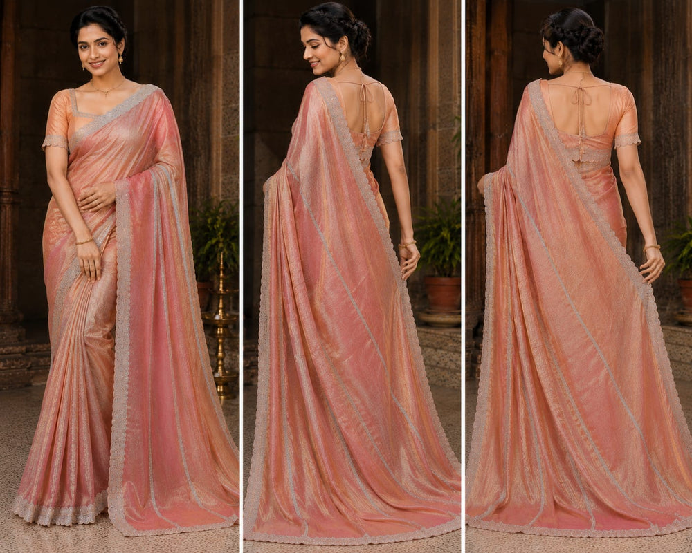 Women Fendy Tissue Saree with Stone Stripe Work & Scalloped Cutwork Border - Terracotta Peach
