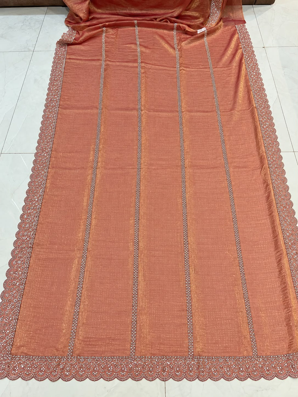 Women Fendy Tissue Saree with Stone Stripe Work & Scalloped Cutwork Border - Terracotta Peach