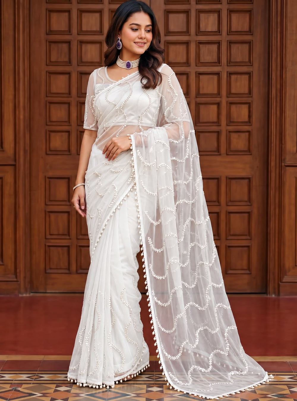 Women Pearl Embellished Net Saree with Scalloped Pearl Border - White