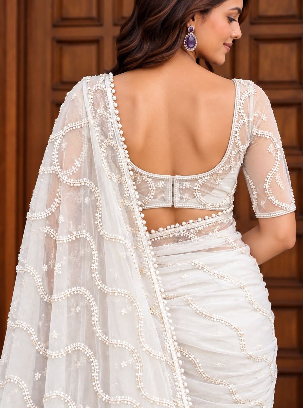 Women Pearl Embellished Net Saree with Scalloped Pearl Border - White
