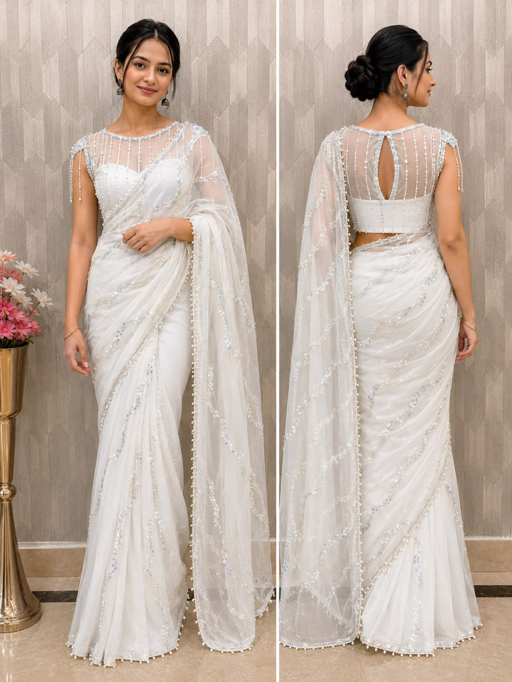 Women Pearl Embellished Net Saree with Scalloped Pearl Border - White