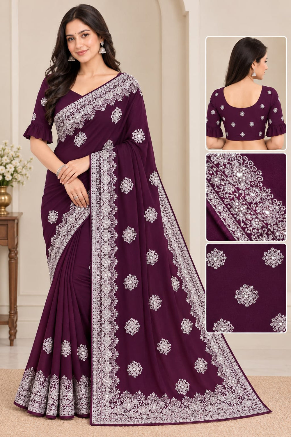 Women Blooming Saree with Silver Thread Buti Embroidery & White Stone Work Border - Wine