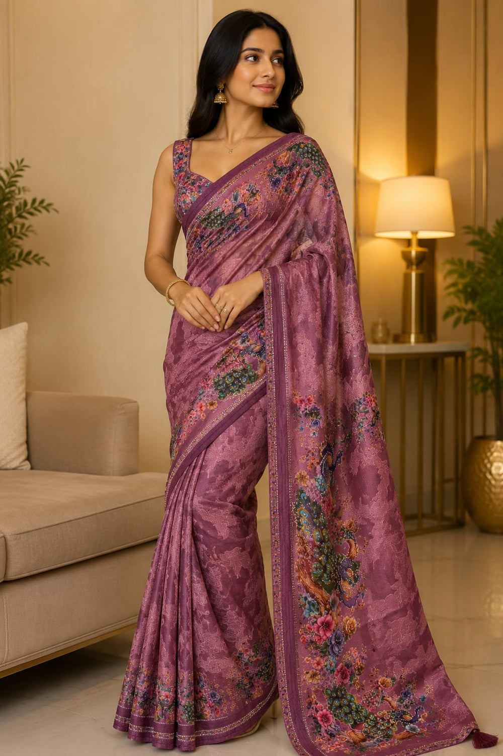 Women Designer Peacock Digital Print Saree with Rhinestone Diamond Work - Wine