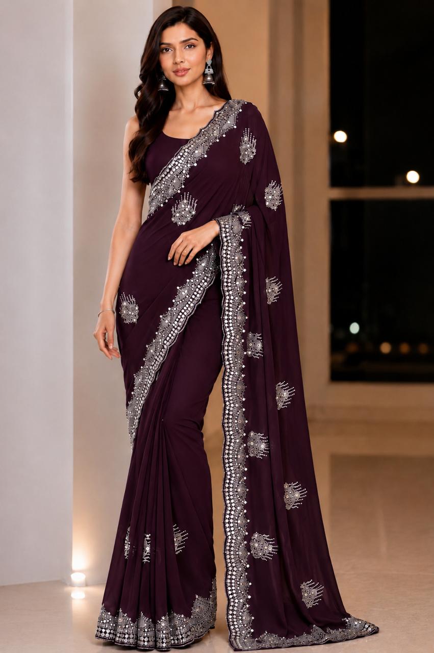 Women Blooming Saree with Mirror Work Scalloped Border & Embroidered Butis - Wine