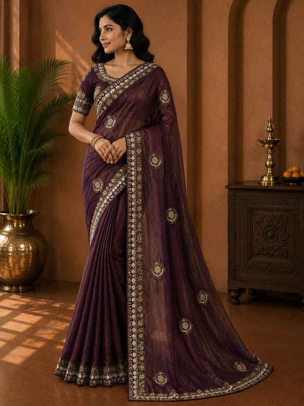 Women Mirror & Sequin Embroidered Saree with Heavy Blouse - Wine