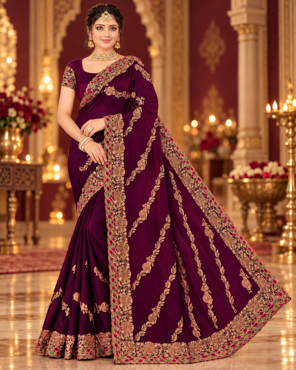 Women Satin Saree with Kalash Motif Embroidery & Multicolour Cutwork Border - Wine