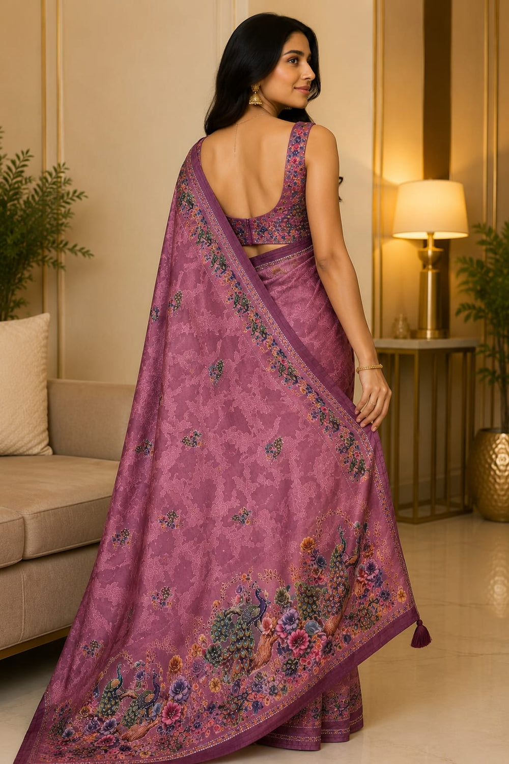 Women Designer Peacock Digital Print Saree with Rhinestone Diamond Work - Wine