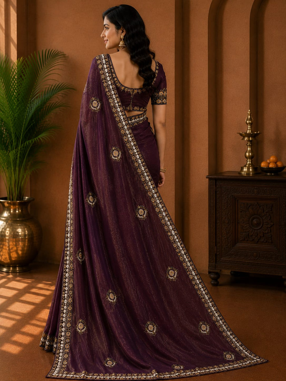 Women Mirror & Sequin Embroidered Saree with Heavy Blouse - Wine