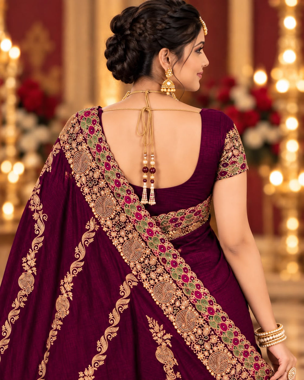 Women Satin Saree with Kalash Motif Embroidery & Multicolour Cutwork Border - Wine