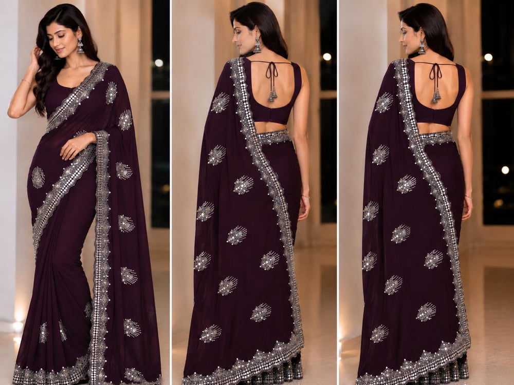 Women Blooming Saree with Mirror Work Scalloped Border & Embroidered Butis - Wine