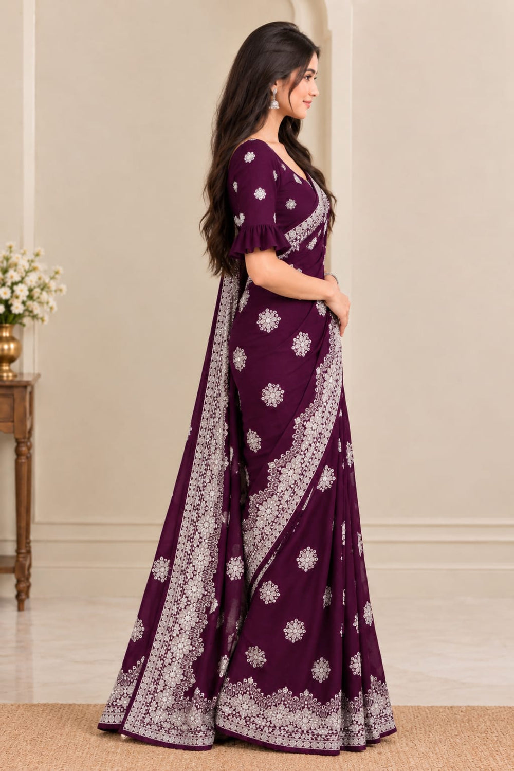 Women Blooming Saree with Silver Thread Buti Embroidery & White Stone Work Border - Wine