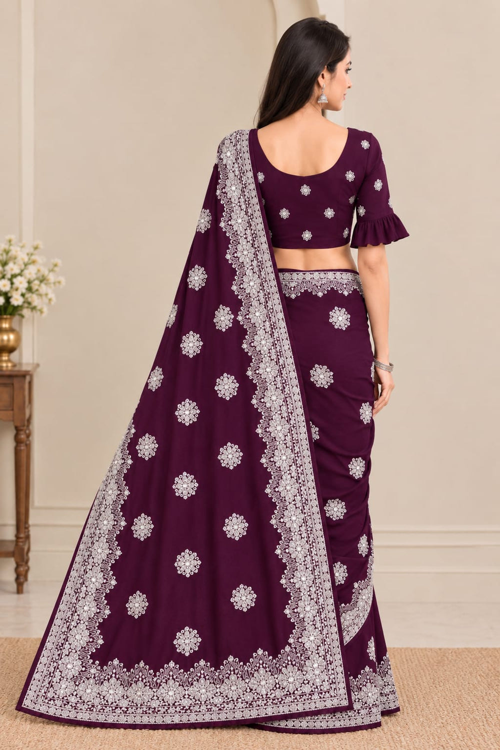 Women Blooming Saree with Silver Thread Buti Embroidery & White Stone Work Border - Wine