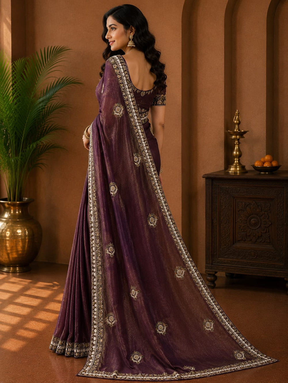 Women Mirror & Sequin Embroidered Saree with Heavy Blouse - Wine
