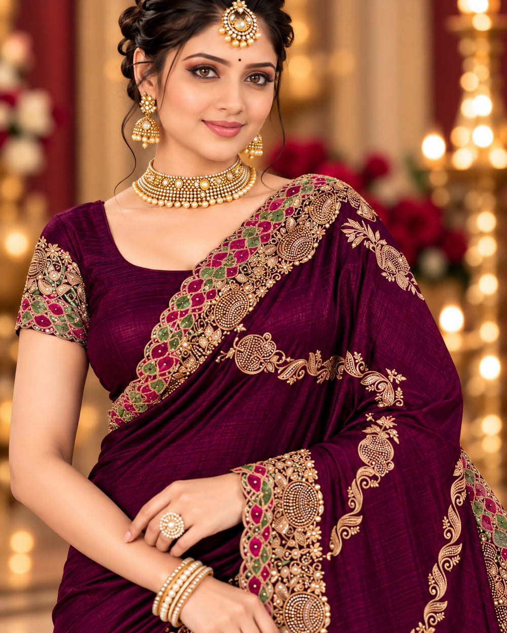 Women Satin Saree with Kalash Motif Embroidery & Multicolour Cutwork Border - Wine