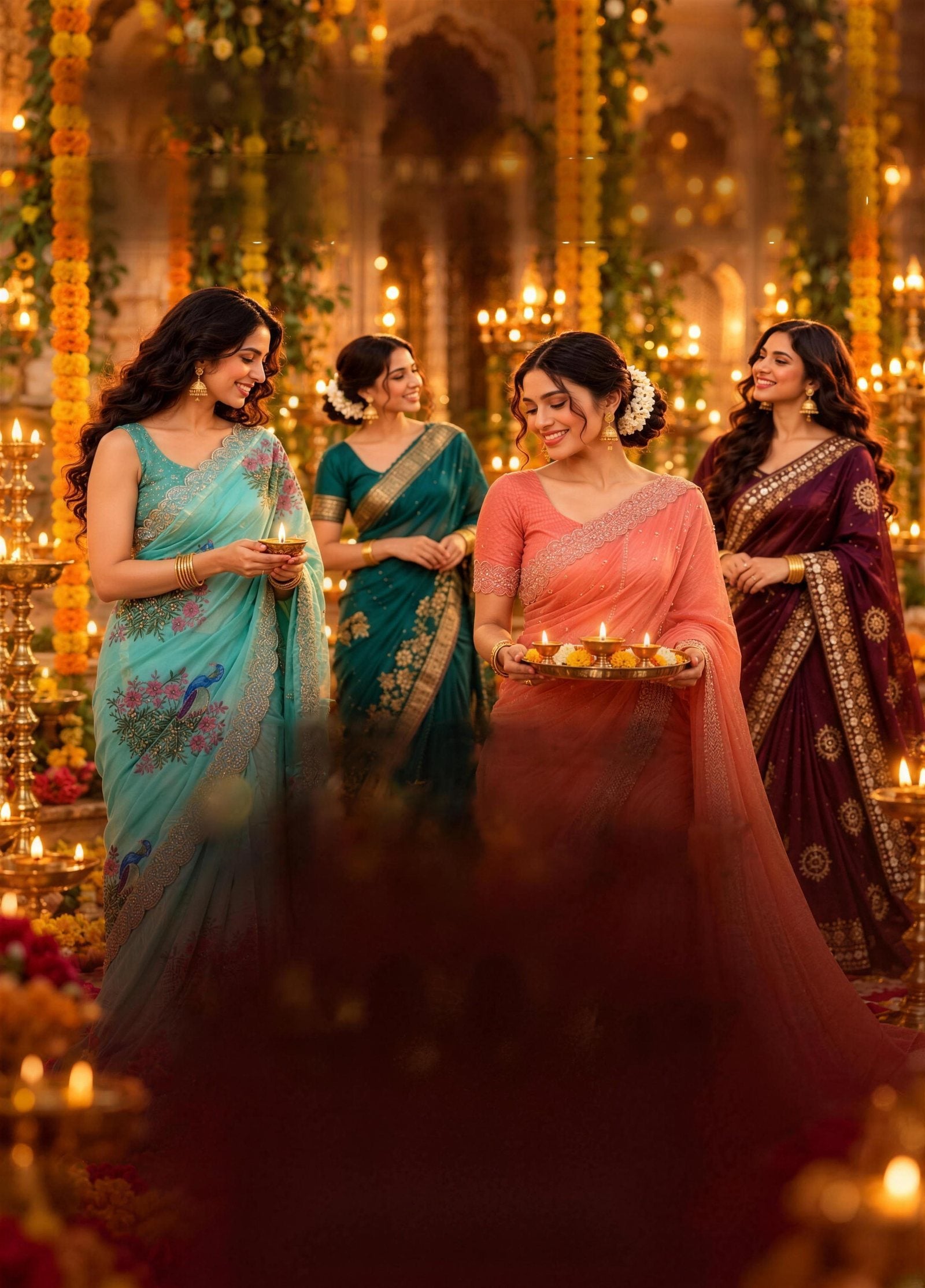 Four women in festive sarees holding diyas among marigolds and brass lamps