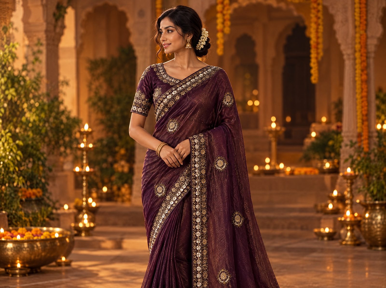 Woman in a wine mirror-and-sequin embroidered saree in a haveli courtyard lit with diyas